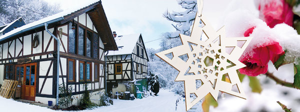 Die Grüne Mühle im Schnee mit Stern und frostigen Rosen